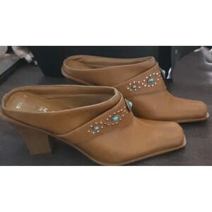 New York Transit Southwestern Mule Heels Turquoise Studded Concho Brown 6.5M
